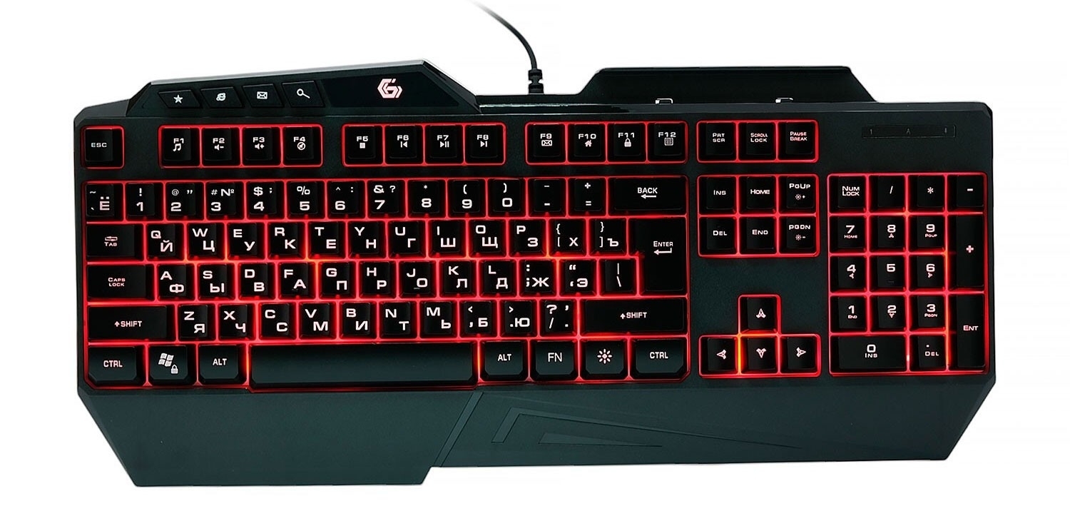 Проводная игровая клавиатура Gembird KB-G450L, полноразмерная, 104кл+4доп, 12Fn, подсветка 3 цвета, подставка для тел, 1.5м, черная