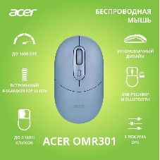 Мышь беспроводная Acer OMR301 синий, 1600 dpi, радиоканал, Bluetooth, USB, кнопки - 4