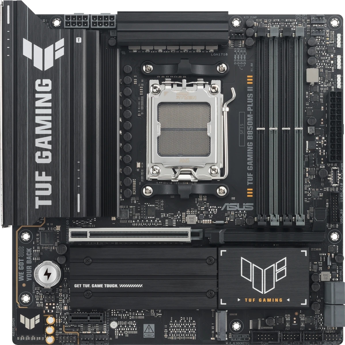 Материнская плата ASUS TUF GAMING B850M-PLUS II, AM5, AMD B850, 4xDDR5, 4xSATA, 3xM.2, 1xPCIe 5.0 x16, 1xPCIe 4.0 x1, 1xHDMI, 1xDP, 1x2.5Gb LAN, 1xUSB-C 20Gbps, 3xUSB-A 10Gbps, 4xUSB-A 5Gbps, 4xUSB-A 2.0, 3x3.5 мм, 7.1, mATX