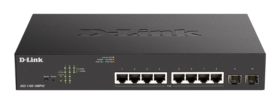 Коммутатор D-Link DGS-1100-10MPV2/A3A, 8×1 Гбит/с + 2×1 Гбит/с SFP, настраиваемый