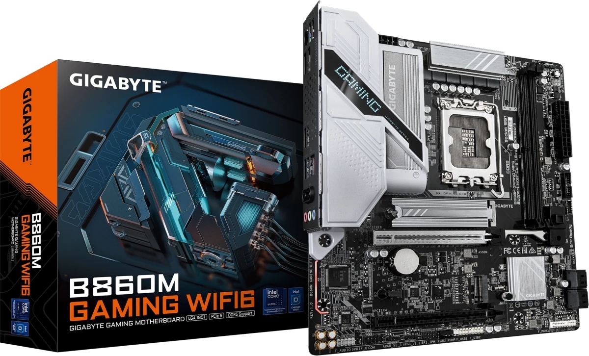 Материнская плата Gigabyte B860M GAMING WIFI6, LGA 1851, Intel B860, 2xDDR5, 4xSATA, 2xM.2, 1xPCIe 5.0 x16, 1xPCIe 4.0 x16, 1xHDMI, 1xDP, 1x2.5Gb LAN, Wi-Fi 6, Bluetooth 5.3, 3xUSB-A 5Gbps, 3xUSB-A 2.0, 1xPS/2, 3x3.5 мм, 7.1, mATX