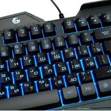 Проводная игровая клавиатура Gembird KB-G450L, полноразмерная, 104кл+4доп, 12Fn, подсветка 3 цвета, подставка для тел, 1.5м, черная