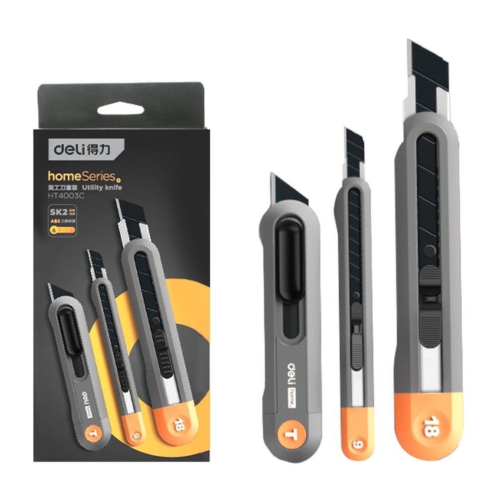 Набор технических ножей Home Series Gray Deli HT4003C (ножи 9мм+18мм+Т-образный), эксклюзивный дизайн, корпус из высококачественного софттач пластика