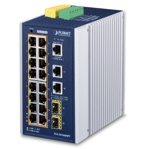Коммутатор PLANET IGS-20160HPT, 16×1 Гбит/с PoE + 2×1 Гбит/с + 2×2.5 Гбит/с SFP, управляемый