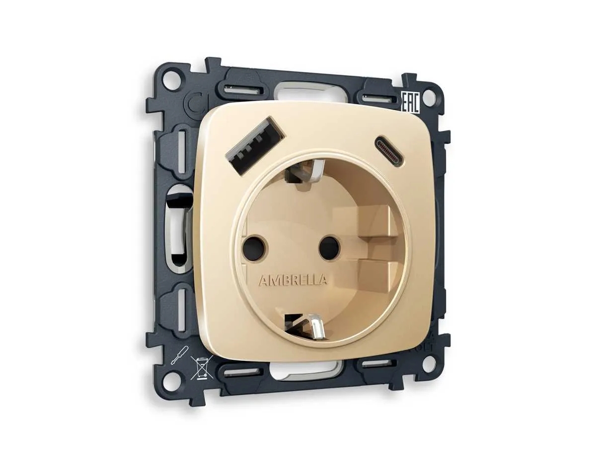 Комплект механизма электрической розетки OMEGA Шампань 2USB A+C 20W (быстрая зарядка) с/з QUANT (OP6100, VM160) MO610010