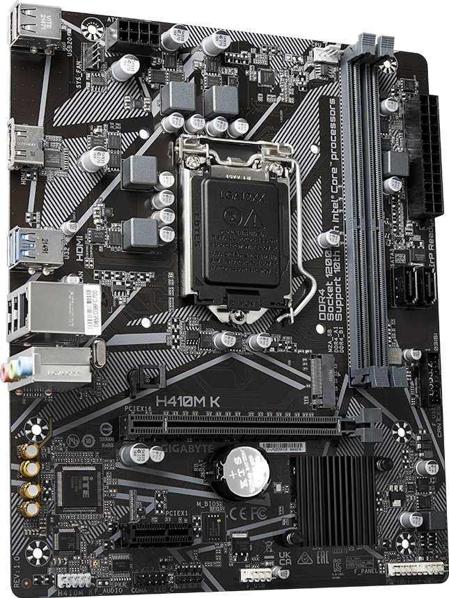 Материнская плата Gigabyte H410M K, LGA1200, Intel H470, 2xDDR4, 2xSATA 6Gb/s, 1xM.2, 1xPCIe 3.0 x16, 1xPCIe 3.0 x1, 1xHDMI, 1x 1Gb LAN, 2xUSB 3.2 Gen 1, 4xUSB 2.0, 3x3.5 мм, 7.1, microATX