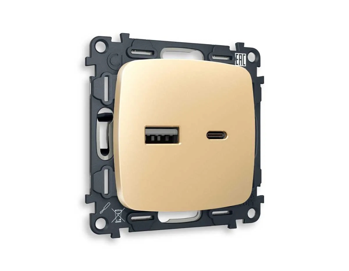 Комплект механизма розетки OMEGA Шампань 2USB A+C 20W (быстрая зарядка) QUANT (OP6110, VM177) MO611010