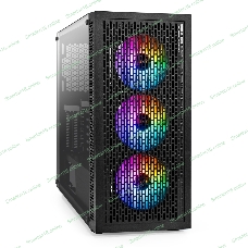 Компьютерный корпус Miditower ExeGate EVO-5001A (ATX, без БП, 2хUSB+1хUSB 3.0+HD Audio, черный, 3 вент.12см с RGb подсветкой, боковая панель - закаленное стекло)