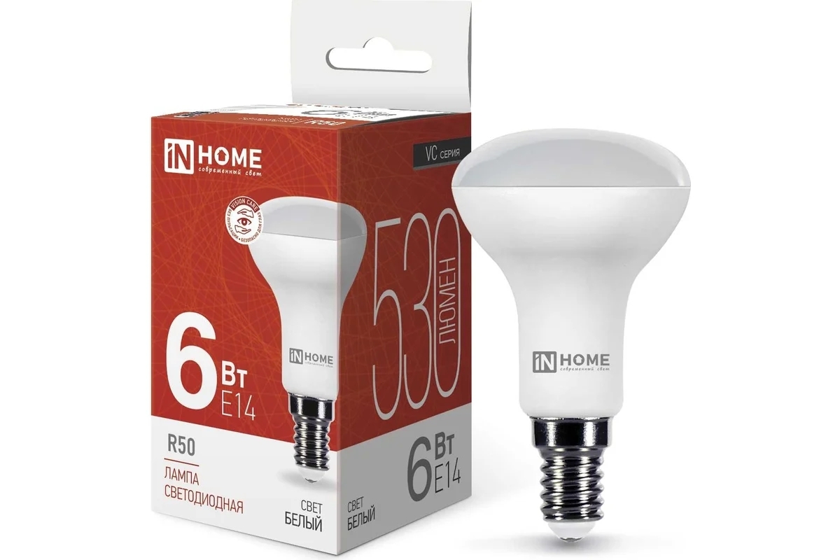 Лампа светодиодная IN HOME LED-R50-VC (4690612024264) 6 Вт 4000К нейтр. белый E14 525лм 230В