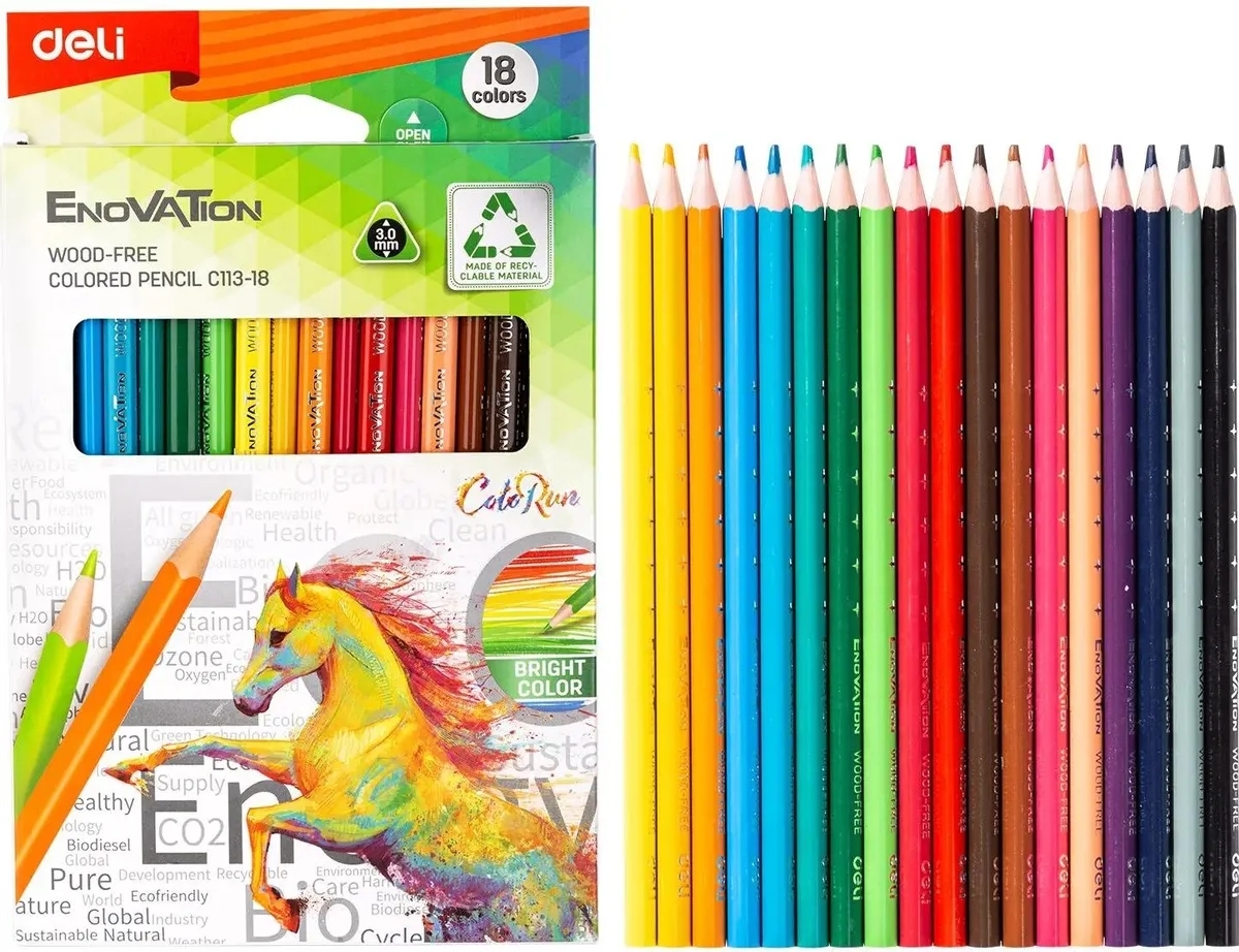 Карандаши цветные Deli EC113-18 Enovation, трехгранный профиль, пластик 18 цветов, коробка с европодвесом (18шт)