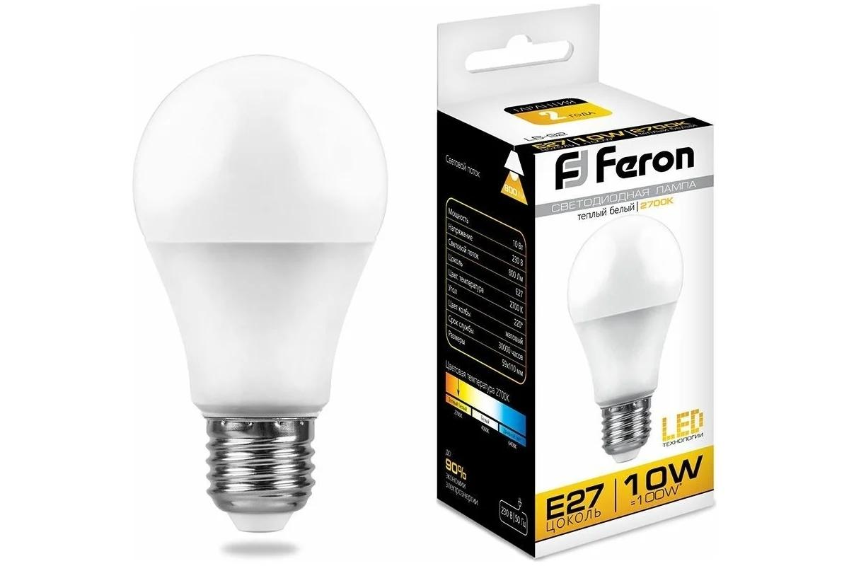 Лампа светодиодная Feron LB-92 10W 230V E27 2700K A60