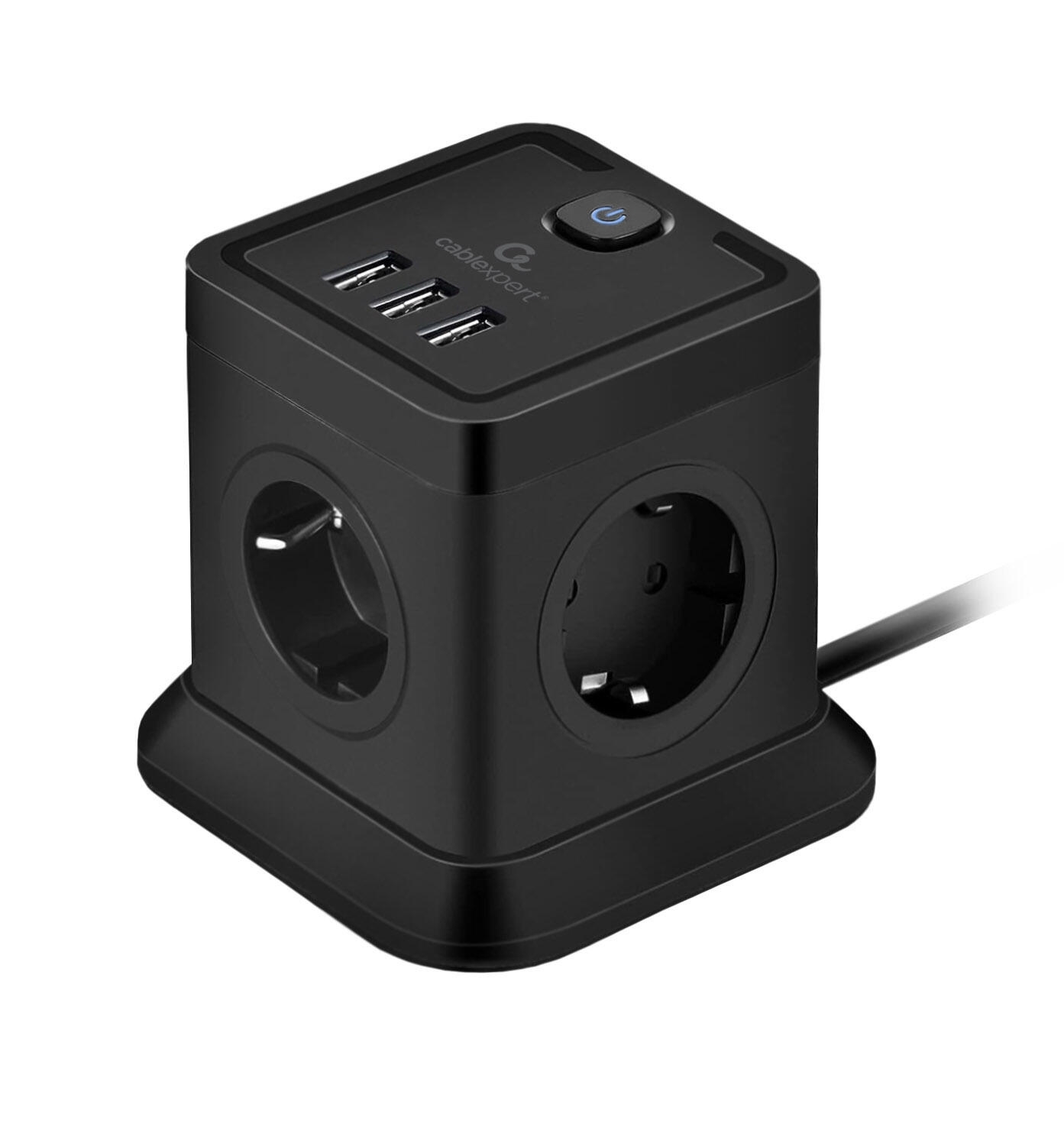 Сетевой фильтр Cablexpert Tower TWR-4-U3-B-2, 4 р, 10А, 3xUSB, 3.1А, 2 м, ур.защиты 2+, черный, коробка
