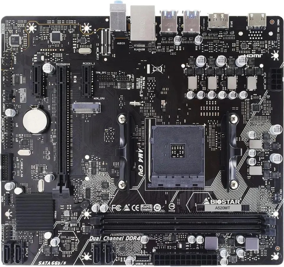 Материнская плата Biostar A520MT, AM4, AMD A520, 2xDDR4, 4xSATA, 1xPCIe 3.0 x16, 2xPCIe 3.0 x1, 1xDisplayPort, 1xHDMI, 1x 1Gb LAN, 4xUSB 3.2 Gen1, 2xUSB 2.0, 3x3.5 мм, 7.1, microATX