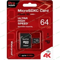 Флеш карта QUMO MicroSDXC 64Gb Сlass 10 UHS-I,3.0 без адаптера SD, черно-красная картонная упаковка