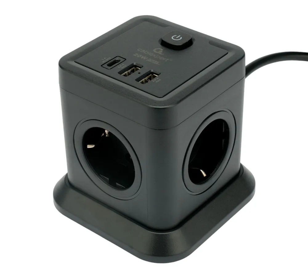 Сетевой фильтр Cablexpert Tower TWR-4-CU2-B-2, 4 р, 10А, 1xType-C PD, 20Вт, 2хUSB, 2 м, ур.защиты 2+, черный, коробка