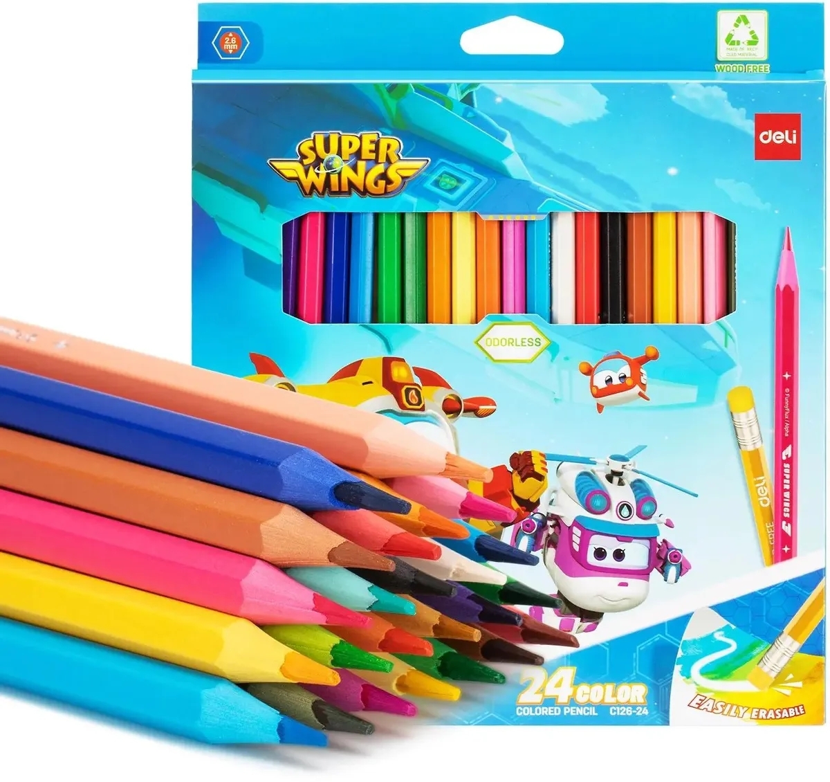 Карандаши цветные Deli EC126-24 Super Wings, шестигранный профиль, пластик коробка с европодвесом (24шт)