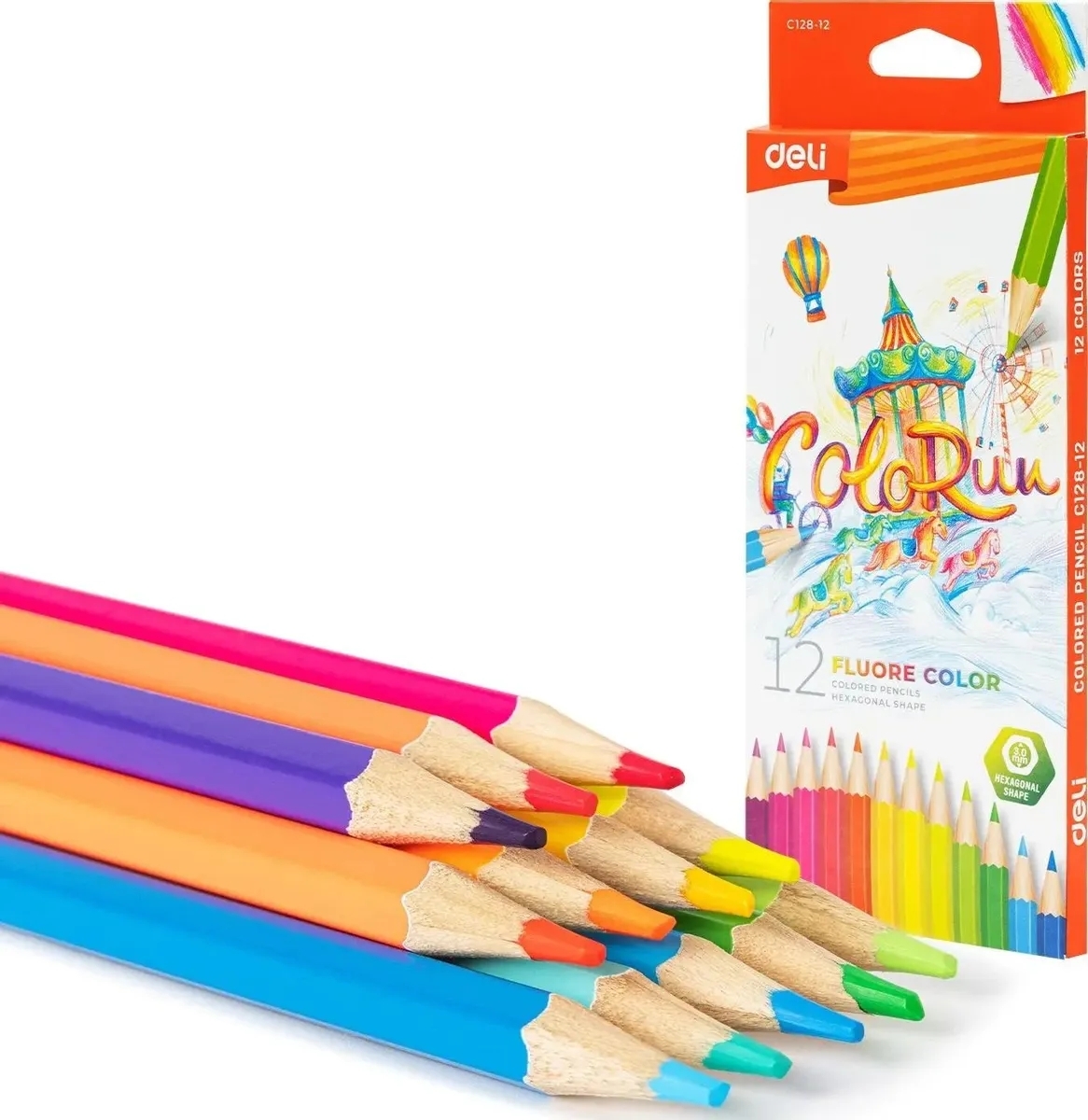 Карандаши цветные Deli EC128-12 ColoRun, шестигранный профиль, дерево 12 цветов, коробка с европодвесом (12шт)