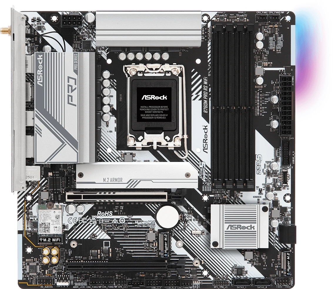 Материнская плата ASRock B760M Pro RS WiFi, LGA 1700, Intel B760, 4xDDR5, 4xSATA, 3xM.2, 1xPCIe 5.0 x16, 1xPCIe 3.0 x16, 1xHDMI, 1xDP, 1x2.5Gb LAN, Wi-Fi 6E, Bluetooth 5.3, 1xUSB-C 5Gbps, 3xUSB-A 5Gbps, 2xUSB-A 2.0, 3x3.5 мм, 7.1, mATX