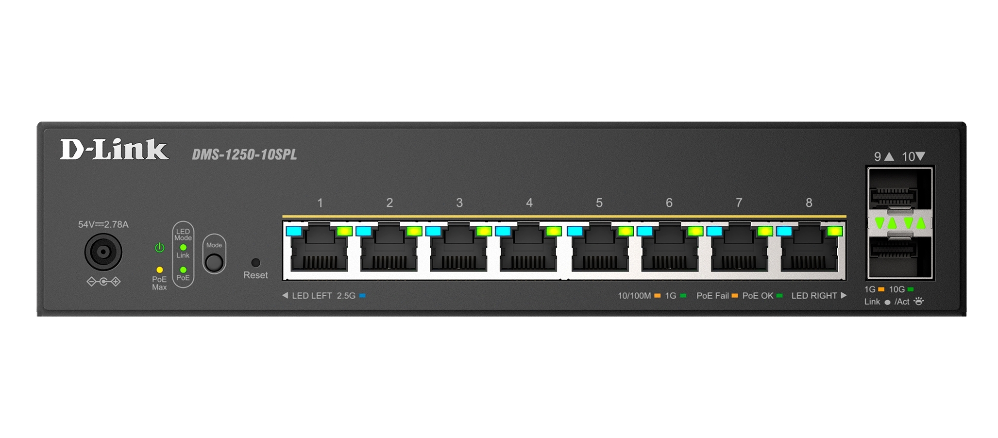 Коммутатор D-Link DMS-1250-10SPL/A1A/6KV, 8×2,5 Гбит/с PoE (2×60 Вт PoE++) + 2×10 Гбит/с SFP+, управляемый