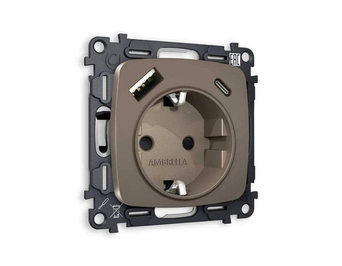 Комплект механизма электрической розетки OMEGA Темная бронза матовый 2USB A+C 20W (быстрая зарядка) с/з QUANT (OP6400, VM160) MO640010