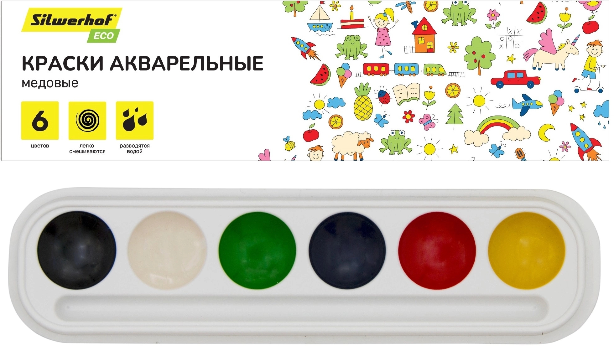 Краски акварельные Silwerhof Eco, медовые, 6 цветов, без кисти, картонная коробка