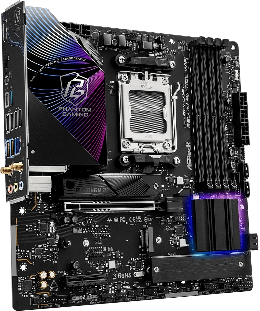 Материнская плата ASRock B850M Riptide WiFi, AM5, AMD B850, 4xDDR5, 4xSATA, 3xM.2, 1xPCIe 5.0 x16, 1xPCIe 4.0 x4, 1xHDMI, 1xDP, 1x2.5Gb LAN, Wi-Fi 7, Bluetooth 5.4, 1xUSB-C 10Gbps, 1xUSB-A 10Gbps, 2xUSB-A 5Gbps, 4xUSB-A 2.0, 3x3.5 мм, 7.1, mATX