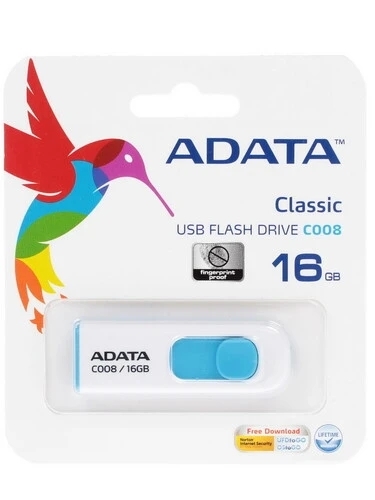 Флешка USB ADATA Classic C008 (AC008-16G-RWE), 16GB, USB 2.0, R/W 15/5, белый/голубой