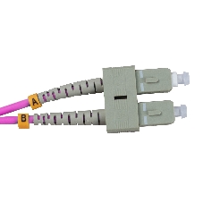 Патч-корд оптический Cabeus Tight Buffer, Duplex SC/LC (UPC/UPC), OM4 50/125, LSZH, 1м, Ø 3мм, серый хвостовик, маджента