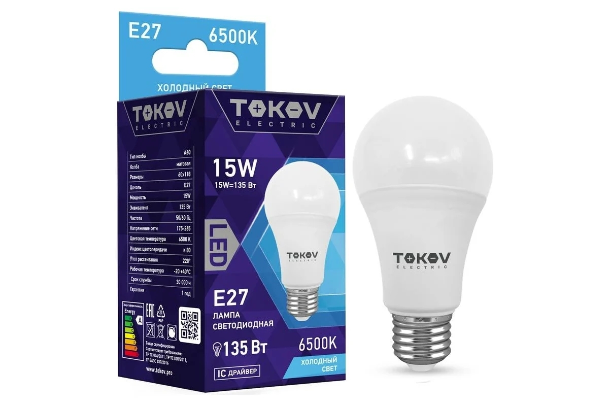 Лампа светодиодная TOKOV ELECTRIC 15Вт А60 6500К Е27 176-264В