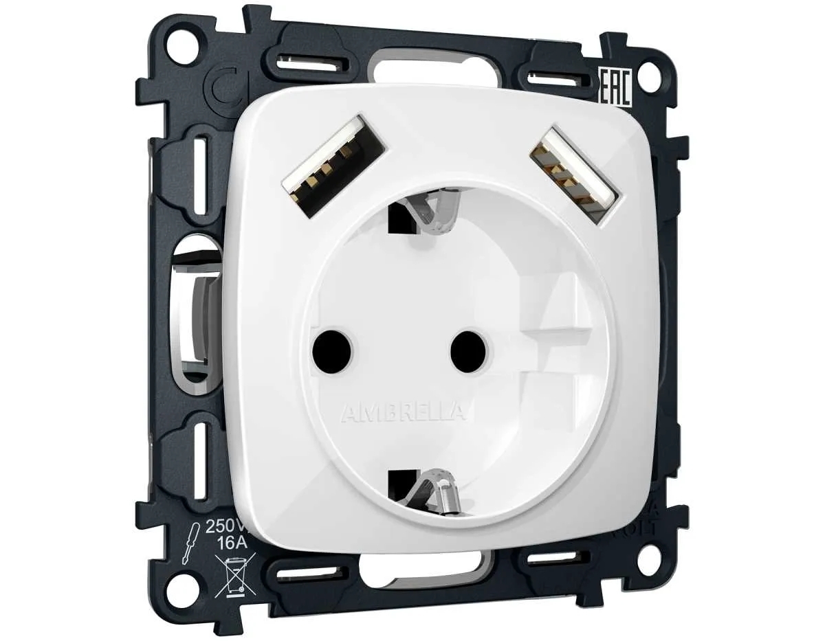 Комплект механизма электрической розетки OMEGA Белый глянец 2USB A+A 18W (быстрая зарядка) с/з QUANT (OP1090, VM155) MO109010