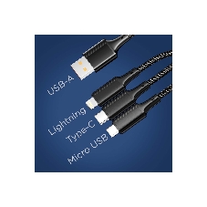 Кабель Rexant USB 3в1 Type-С (6A), Lightning (2,4A), micro USB (3A) 1,2м, в черной оплетке