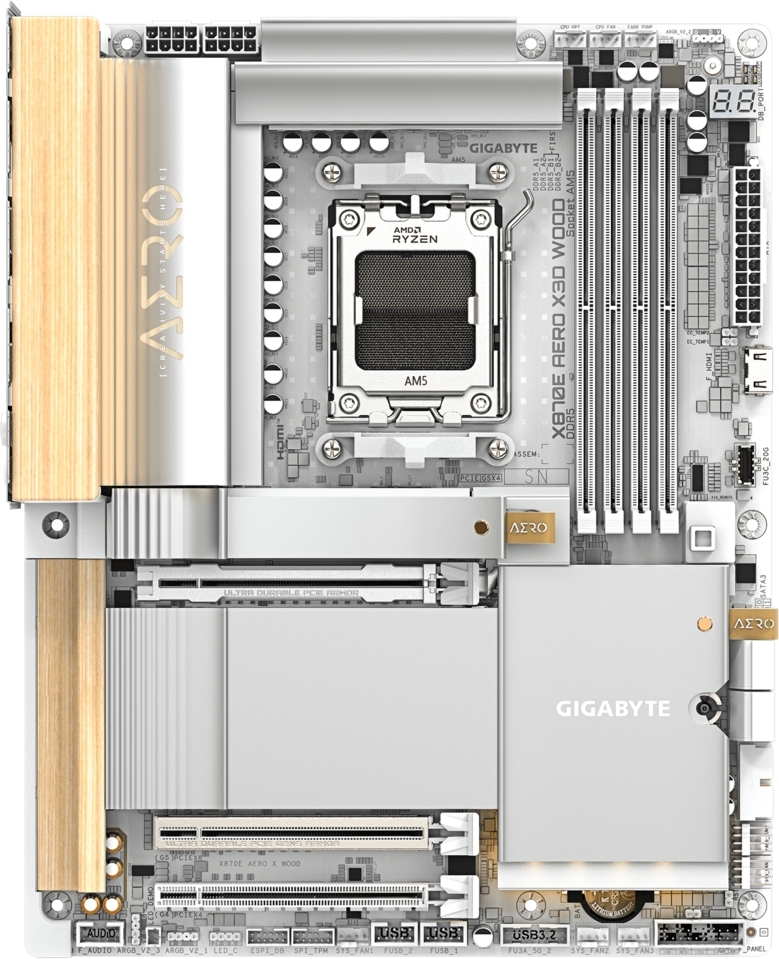 Материнская плата Gigabyte X870E AERO X3D WOOD, AM5, AMD X870E, 4xDDR5, 4xSATA, 4xM.2, 2xPCIe 5.0 x16, 1xPCIe 4.0 x16, 1xHDMI, 2x5Gb LAN, Wi-Fi 7, Bluetooth 5.4, 2xUSB-C 40Gbps (USB4), 1xUSB-C 20Gbps, 5xUSB-A 10Gbps, 3xUSB-A 5Gbps, 3x3.5 мм + S/PDIF оптический, 7.1, вставки из дерева, ATX