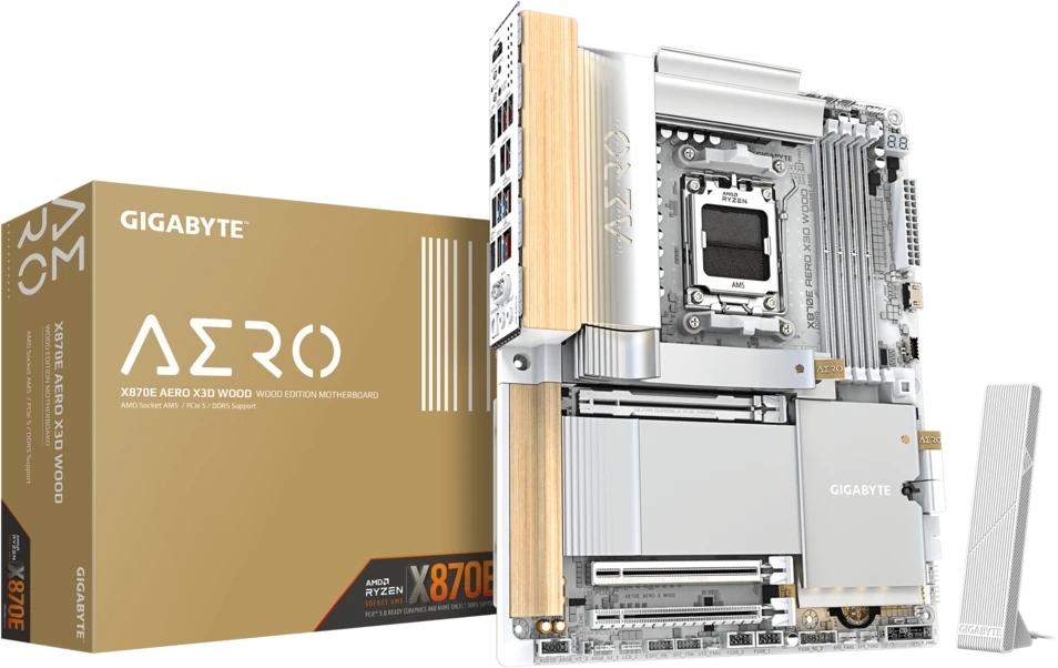 Материнская плата Gigabyte X870E AERO X3D WOOD, AM5, AMD X870E, 4xDDR5, 4xSATA, 4xM.2, 2xPCIe 5.0 x16, 1xPCIe 4.0 x16, 1xHDMI, 2x5Gb LAN, Wi-Fi 7, Bluetooth 5.4, 2xUSB-C 40Gbps (USB4), 1xUSB-C 20Gbps, 5xUSB-A 10Gbps, 3xUSB-A 5Gbps, 3x3.5 мм + S/PDIF оптический, 7.1, вставки из дерева, ATX