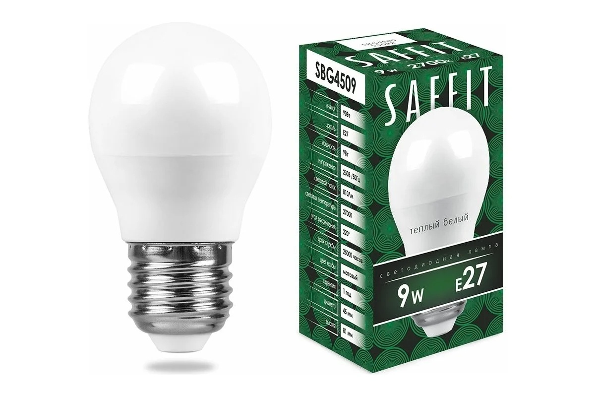 Лампа светодиодная SAFFIT SBG4509 (55082) 9Вт Е27 теплый матовый шар