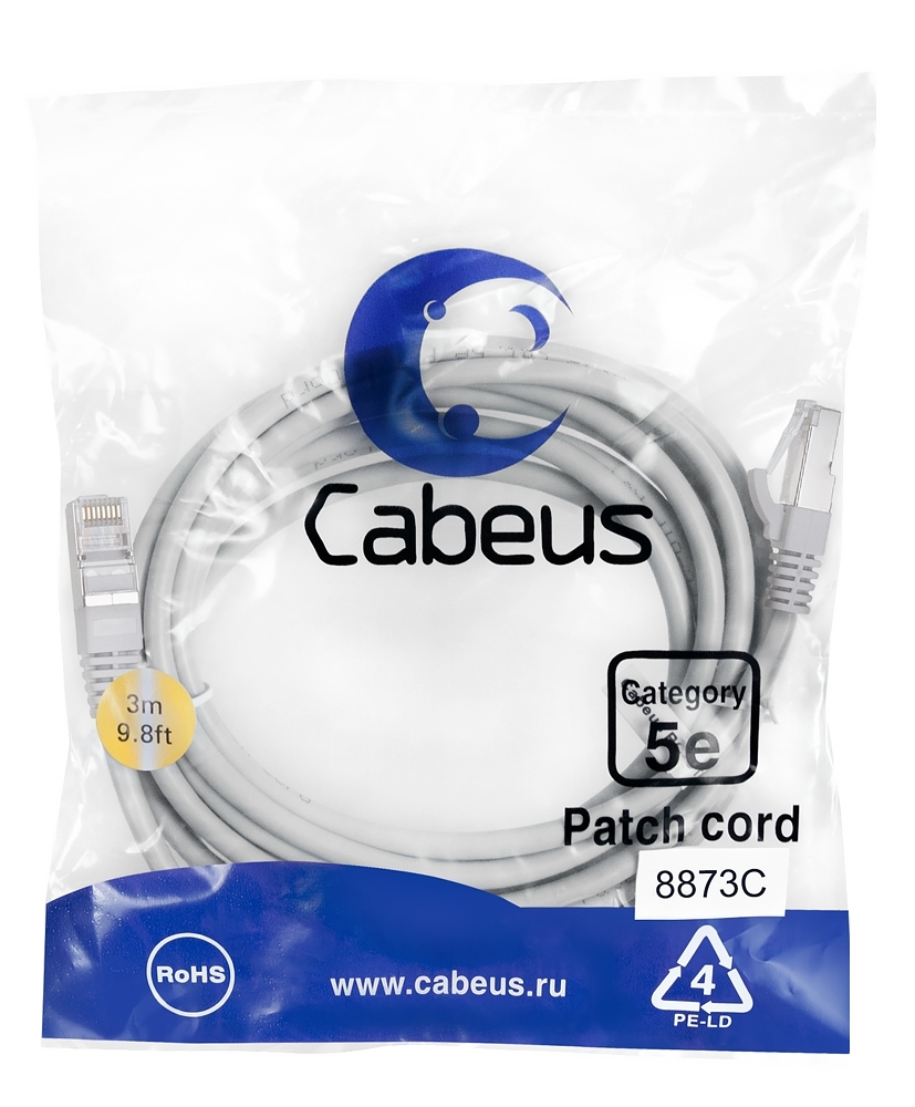 Патч-корд Cabeus PC-FTP-RJ45-Cat.5e-3m-LSZH Cat.5e, экр., F/UTP, RJ45/RJ45, LSZH, AWG24, 3 м, серый