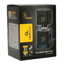 Сетевой фильтр Cablexpert Tower TWR-9-U4-B-2, 9 р, 16А, 4хUSB, 3.1А, 2 м, ур.защиты 4+, черный, коробка