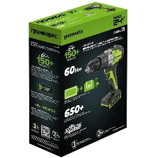 Дрель-шуруповерт GREENWORKS GD24DD60, 24 В, 0 Ач, 60 Нм, бесщеточный, ударный