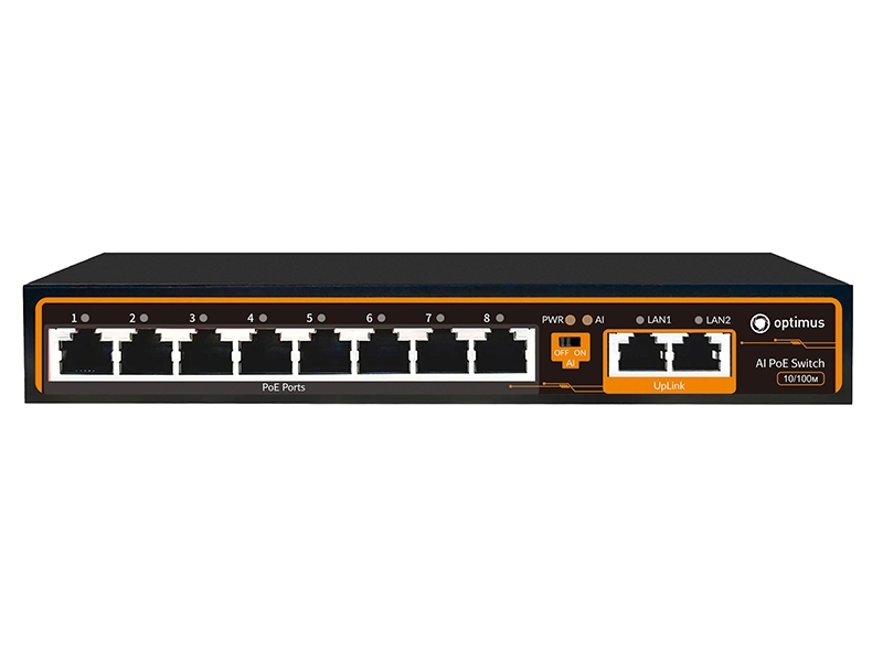 Коммутатор Optimus U1E-8F/2F, 8×100 Мбит/с PoE+ + 2×100 Мбит/с Uplink, неуправляемый