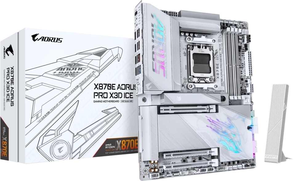 Материнская плата Gigabyte X870E AORUS PRO X3D ICE, AM5, AMD X870E, 4xDDR5, 4xSATA, 4xM.2, 1xPCIe 5.0 x16, 1xPCIe 4.0 x16, 1xPCIe 3.0 x16, 1xHDMI, 1x5Gb LAN, Wi-Fi 7, Bluetooth 5.4, 2xUSB-C 40Gbps (USB4), 2xUSB-C 10Gbps, 5xUSB-A 10Gbps, 3xUSB-A 5Gbps, 3x3.5 мм + S/PDIF оптический, 7.1, белый, ATX