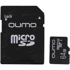 Флеш карта QUMO MicroSDXC 64Gb 90/45 МБ/с UHS-I U3, Pro seria 3.0, адаптер в комплекте SD, красная картонная упаковка