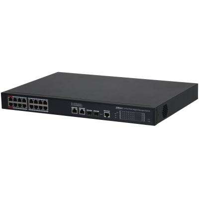 Коммутатор 20-портовый гигабитный управляемый с PoE Dahua DH-S4220-16GT-240, уровень L2, 16xRJ45 1Gb PoE, 2xRJ45 1Gb, 2xSFP 1Gb, суммарно до 240Вт, коммутация 56 Гбит/с, MAC-таблица 8к, металл
