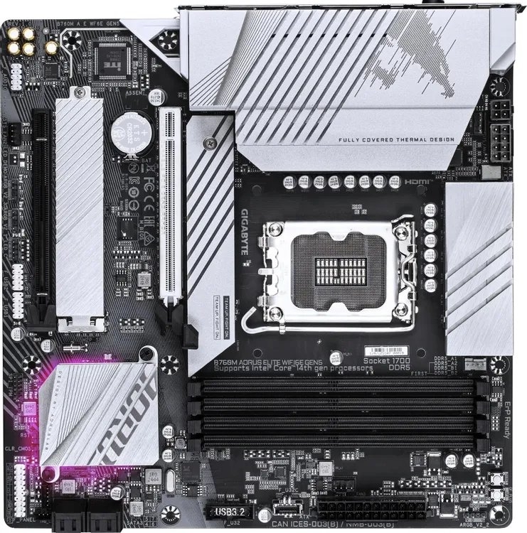 Материнская плата Gigabyte B760M AORUS ELITE WIFI6E GEN5, LGA1700, Intel B760, 4xDDR5, 4xSATA, 2xM.2 PCIe 4.0, 1xPCIe 5.0 x16, 1xPCIe 4.0 x4, 1xHDMI, 1xDisplayPort, 1x 2.5Gb LAN, 1xUSB 3.2 Gen2x2 Type-C, 1xUSB 3.2 Gen2 Type-A, 3xUSB 3.2 Gen1, 4xUSB 2.0, 2x3.5 мм, 7.1, microATX