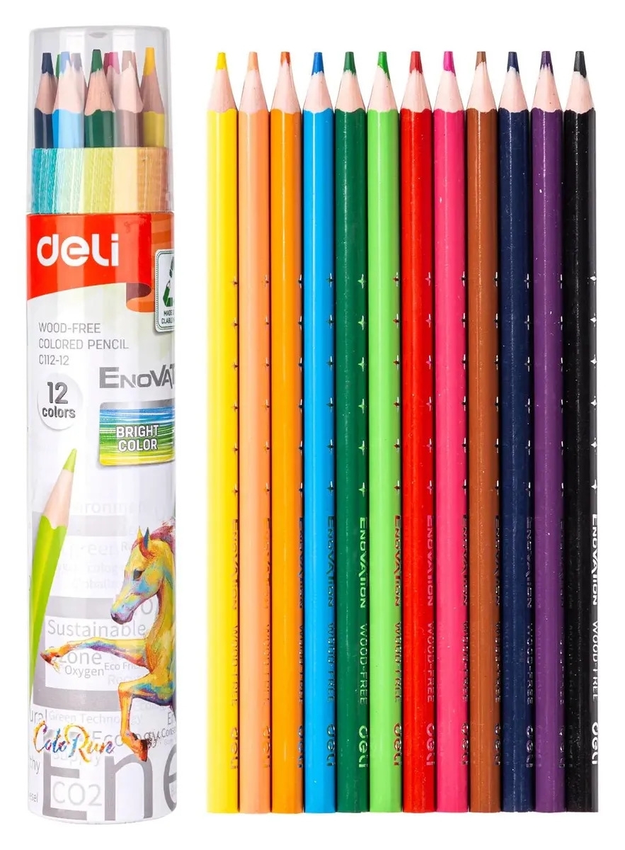 Карандаши цветные Deli EC112-12 Enovation, трехгранный профиль, пластик 12 цветов, картонный тубус (12шт)