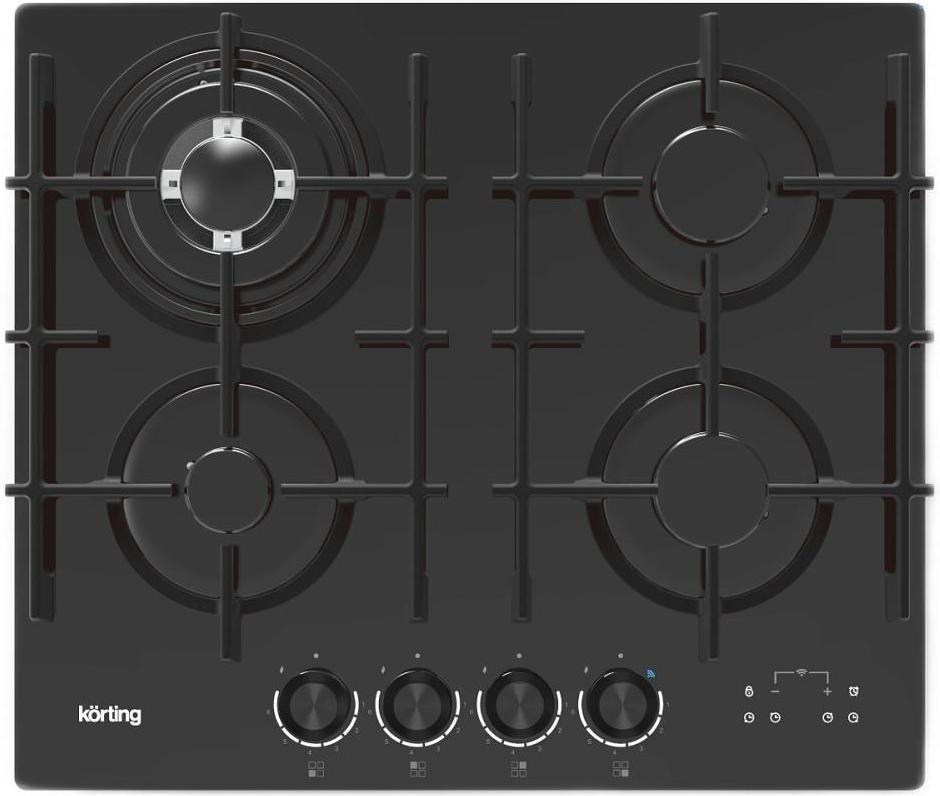 Встраиваемая варочная панель KORTING HGG 6447 ICPTN, газовая, 60 см, 4 конфорки, WOK, газ-контроль, электроподжиг, конфорки SABAF, функция управления вытяжкой (KHI 6099 ICGN, KHI 9099 ICGN), электронный таймер с цифровой индикацией, индикация интенсивности нагрева, адаптер под сжиженныый газ, цвет черное стекло