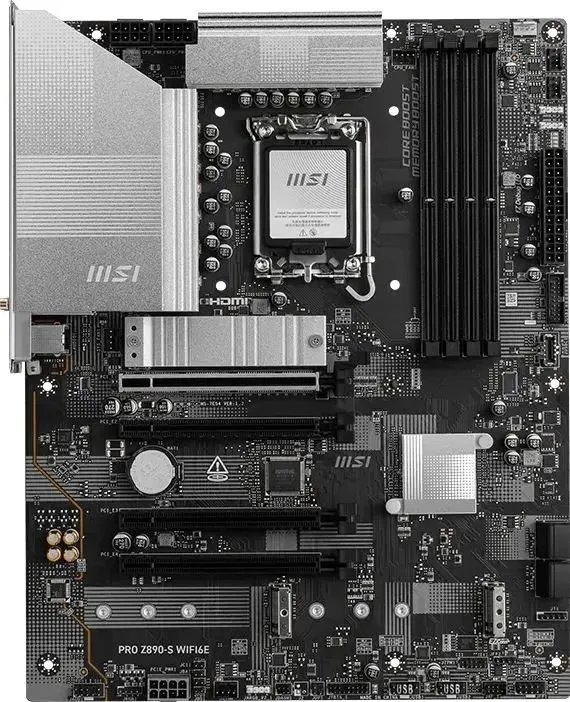 Материнская плата MSI PRO Z890-S WIFI6E, LGA1851, Intel Z890, 4xDDR5, 4xSATA, 3xM.2, 1xPCIe 5.0 x16, 1xPCIe 4.0 x4, 1xPCIe 3.0 x1, 1xHDMI, 1xDisplayPort, 1x 2.5Gb LAN, 6xUSB 5Gbps Type-A, 1xUSB 20Gbps Type-C, 3x3.5 мм, 7.1, ATX