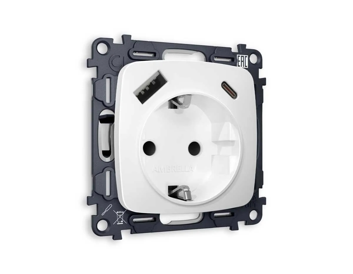 Комплект механизма электрической розетки OMEGA Белый матовый 2USB A+C 20W (быстрая зарядка) с/з QUANT (OP1300, VM160) MO130010