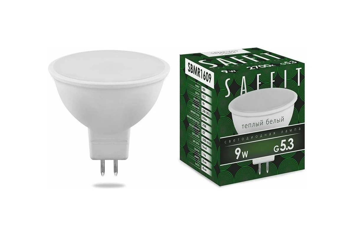Лампа светодиодная SAFFIT SBMR1609 (55084) 9Вт 230В GU5.3 теплый