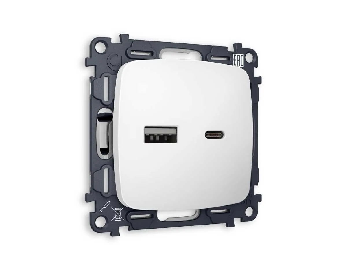 Комплект механизма розетки OMEGA Белый матовый 2USB A+C 20W (быстрая зарядка) QUANT (OP1310, VM177) MO131010