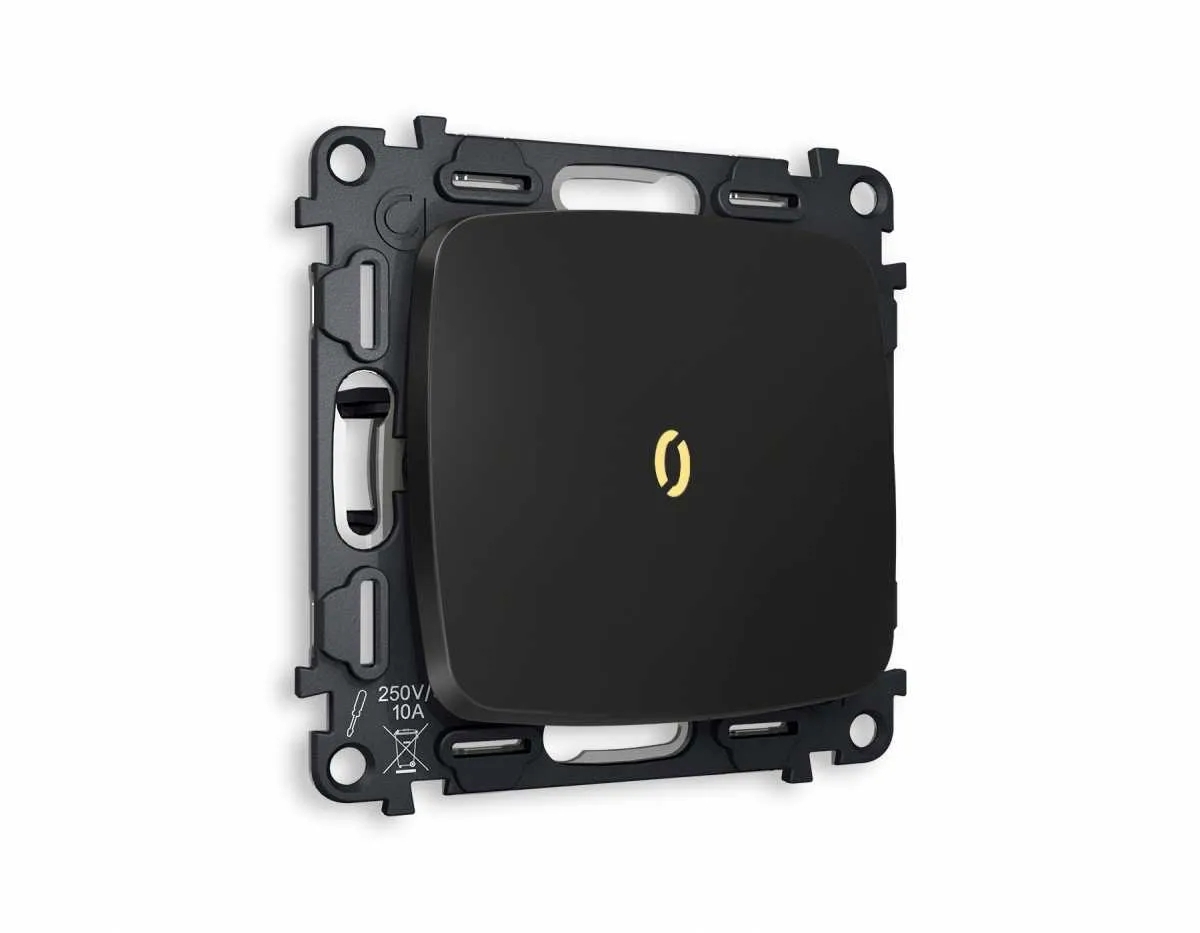 Комплект механизма 1-кл проходного выключателя с подсветкой 3200K OMEGA Черный матовый QUANT (OP8020, VM105, G22Y) MO802030
