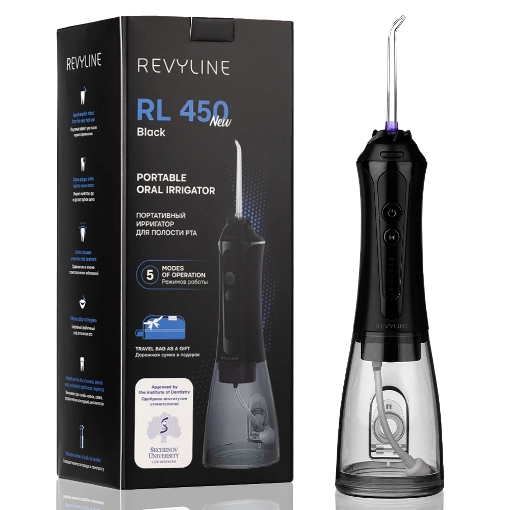 Ирригатор Revyline RL 450 чёрный, от аккумулятора, 300 мл, 5 режимов